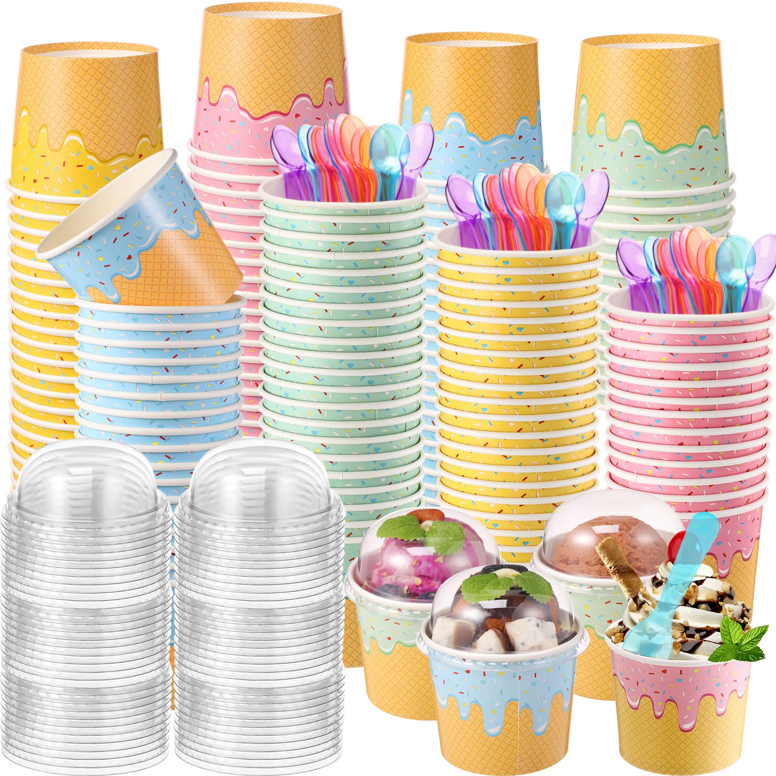 Photo 1 of Jingmore 100 Pack 6 oz Ice Cream Cups with Lids and Spoons Paper Dessert Cups Colorful Sundae Bowls Disposable Ice Cream Containers for Hot Soup Spring Summer Graduation Bar Party Supplies