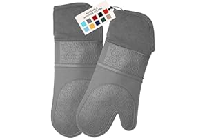 HOMWE Extra Long Professional Silicone Oven Mitt, Oven Mitts with Quilted Liner, Heat Resistant Pot Holders, Flexible Oven Gloves, Gray, 1 Pair, 14.7 Inch