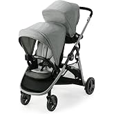 Graco Ready2Grow LX 2.0 Double Stroller, Clark | 2 Stroller Seats, Bench Seat &amp; Standing Platform; Accepts 2 Graco Infant Car Seats, Compact Fold, Body Support &amp; Canopy Visor