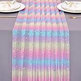 TuTive Rainbow Glitter Moon and Stars Tulle Table Runner 10FT Silver Sequin Metallic Foil Gauze Table Runner 120 Inch Colorful Unicorn Birthday Christmas Dining Party Decor for Home Party Decorations