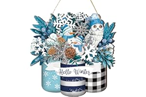 Spiareal Winter Welcome Sign Wood Blue White Hello Winter Front Door Decoration Snowman Snowflakes Hanging Sign Christmas Wood Wreath Plaques Hanger for Farmhouse Porch Front Door Indoor Wall Outdoor