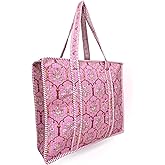 Third Eye Export 100% Cotton Quilted Tote Bag 18x16– Large Zipper Beach Bag & Travel Bag Green Purse Reusable Grocery Bags