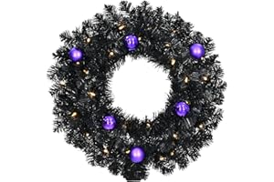 Haunted Hill Farm 24 in. Black Tinsel Wreath with Purple Ornaments and LED Lights, Prelit Wreath for Indoor/Covered Outdoor Halloween Decoration, Battery Operated