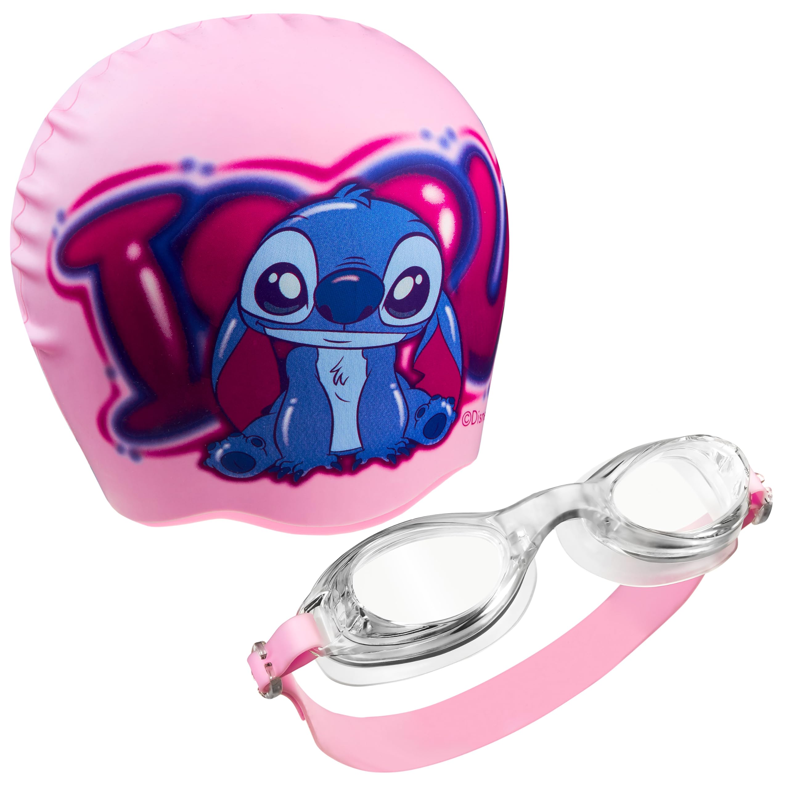 Disney Children's Swimming Goggles and Swimming Cap Set Anti-Fog UV Protection (Pink Stitch, 6-14 Years)
