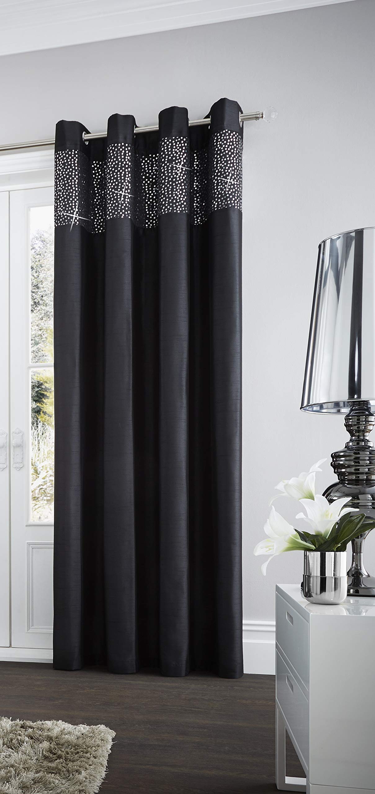 Gaveno Cavailia Aviv Eyelet Curtains Black, 100% Polyester Luxury Ring Top Drapery with Matching Tie Backs, Two 66"x90" Glamorous Panels, Easy Care Window Treatment, 66x90 Inches