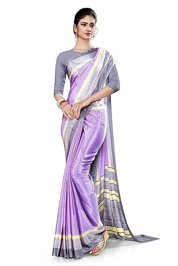 Uniform Sarees Corp Womens Italian Silk Crepe Factory Uniform Saree With Blouse (Lavender;Gray)