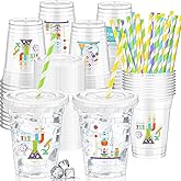 FoldTier 50 Pcs Science Cups 12 oz Disposable Plastic Cups with Straws and Lids Science Clear mug Birthday mugs Supplies Birthday Table Decorations Party Favor