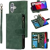 RANYOK Wallet Case Compatible with iPhone 17 Case, with 6 Card Holder RFID Blocking, PU Leather Zipper Flip Wallet Pocket, Kickstand, Wrist Strap | Protective Phone Cover for 17,Black Green
