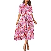 PRETTYGARDEN Womens Long Flowy Dress Casual Summer Short Sleeve V Neck Swing A Line Dresses (Floral Pink Red,Large)