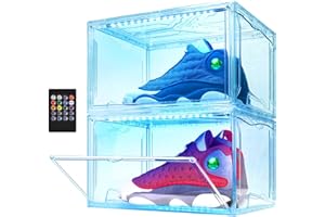 Oltraman Shoe Storage Organizer for Closet, Foldable Shoe Boxes Rack 2 pack, Clear Plastic Stackable Containers Bins Holder, Magnetic Sneaker Shelf for Sneakerheads with LED Lights Clear