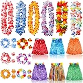 GreatMH 6 Sets Hawaiian Leis Grass Skirts for Luau Party Hula Skirt with Headbands Wristbands Tropical Party Decorations Multicolor