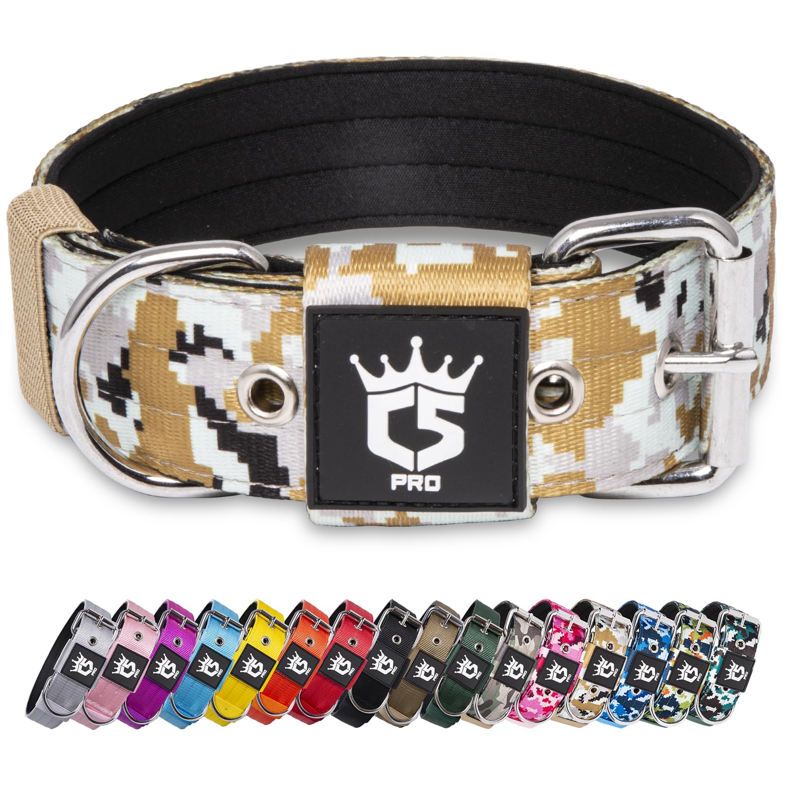 TSPRO Heavy Duty Tactical Dog Collar 1.5" Wide, Padded Dog Collar with Metal Buckle, Adjustable for Walking Training Outdoor for Medium Large Dogs (Camo Khaki, M) — image 1
