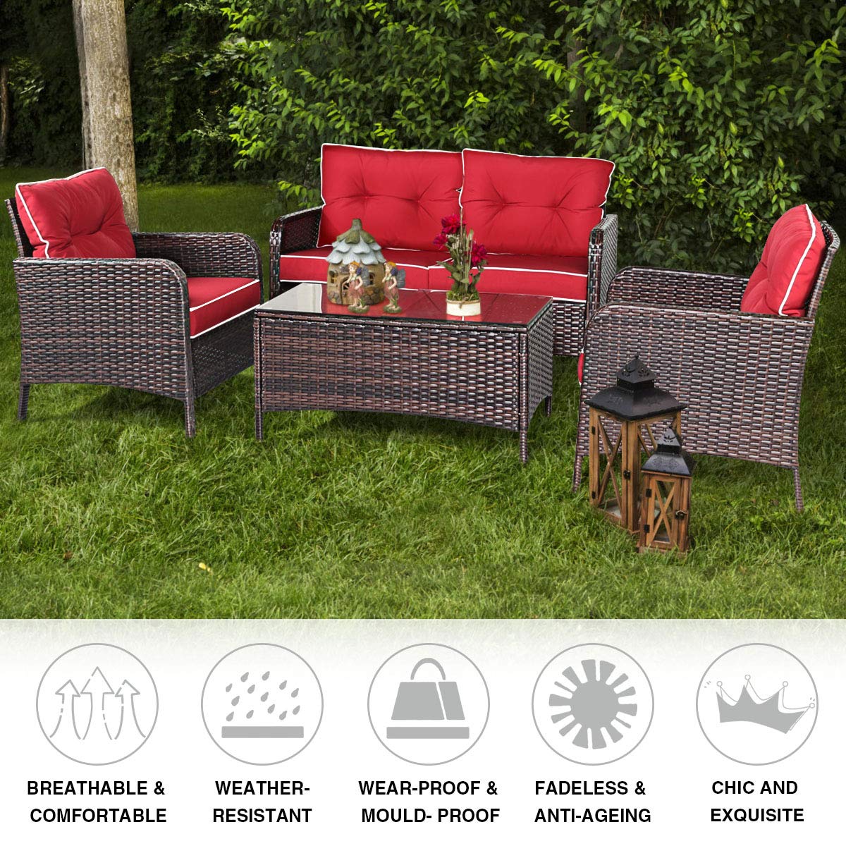 Garden Lawn Sectional Conversation Set With Glass Top Coffee Table Tangkula 4 Pcs Patio Furniture Set Outdoor Rattan Wicker Sofa Comfortable Cushioned Seat Red Cushion Patio Lawn Garden Patio Furniture Sets