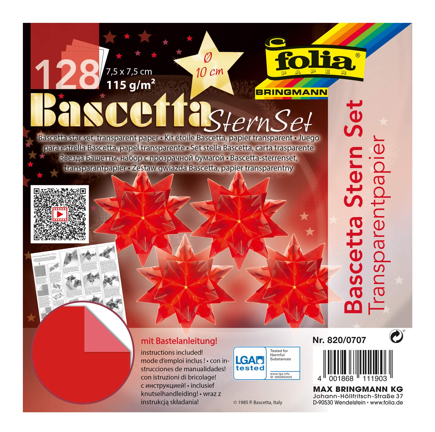 folia 820/0707 Bascetta Star Craft Set, Transparent Red, 7.5 x 7.5 cm, 128 Sheets, Finished Size of Paper Star Approx. 10 cm, with Detailed Instructions (English Language not Guaranteed), Ideal for