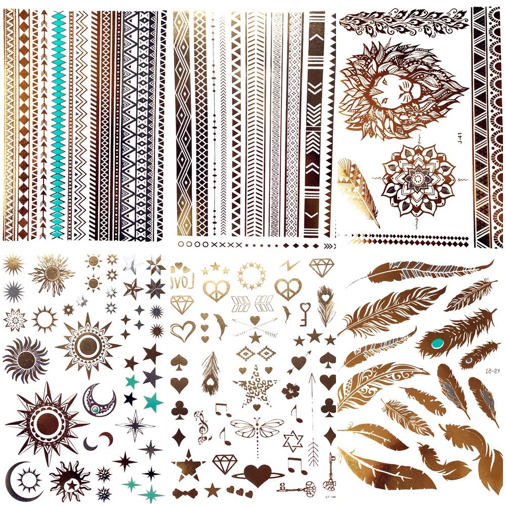 COKTAK 6Pieces/Lot Gold Metallic Temporary Tattoos For Women Bohemian Moon Star Lion Bracelet Body Art Large Boho Fake Jewelry Waterproof Flash Tattoo Sticker Girls Arm Glitter Feather Henna Tatoos
