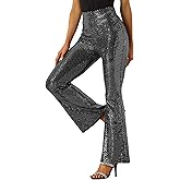 Allegra K Sequin Flare Pants for Women's Halloween High Waist Club Party Sparkle Long Bell Bottoms