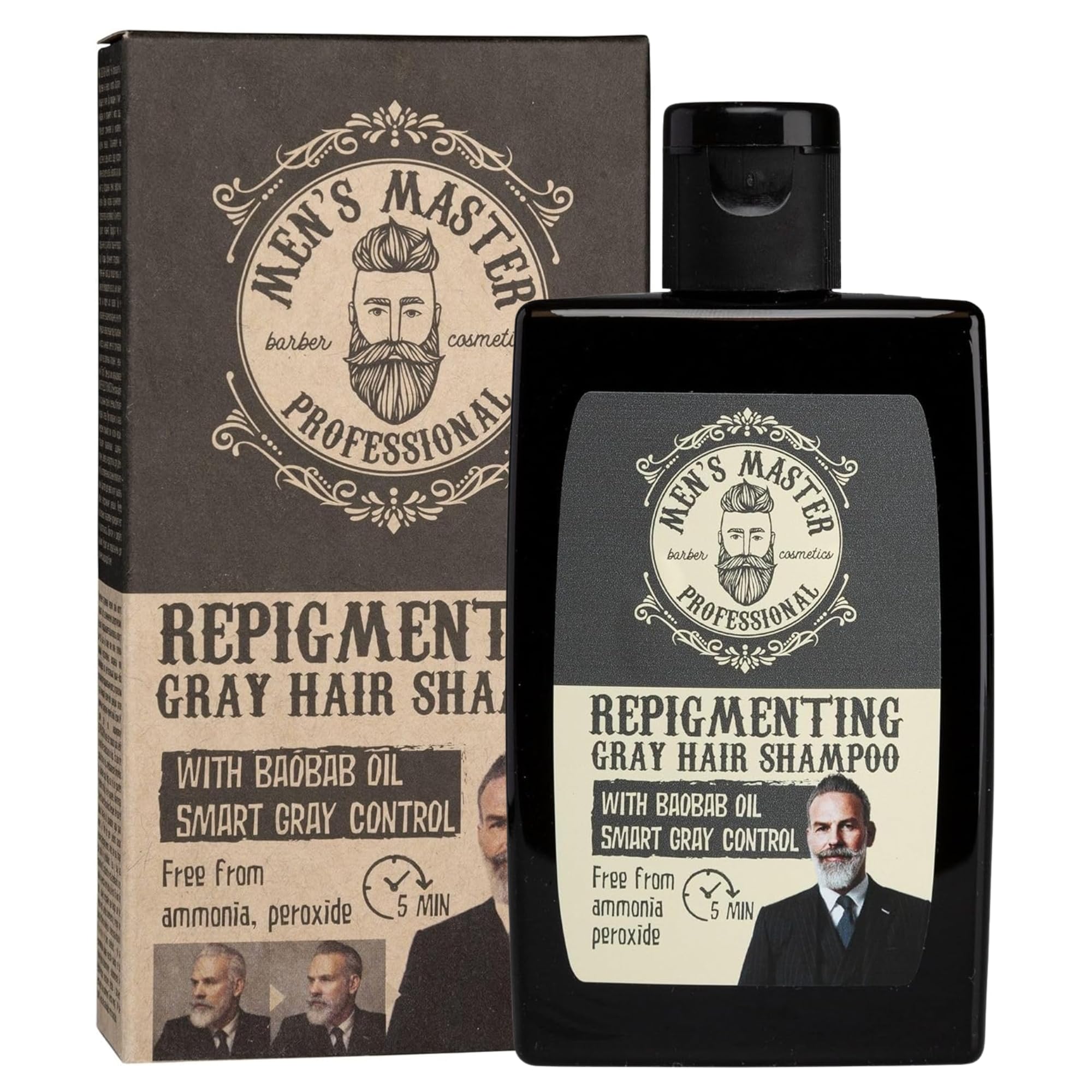 Master Repigmenting Shampoo for Men with Gray Hair | With Baobab Oil and Coloring in 5 Minutes | Provides Natural Light Gray Tone | Ammonia, Oxidant, Peroxide Free | 120 ml