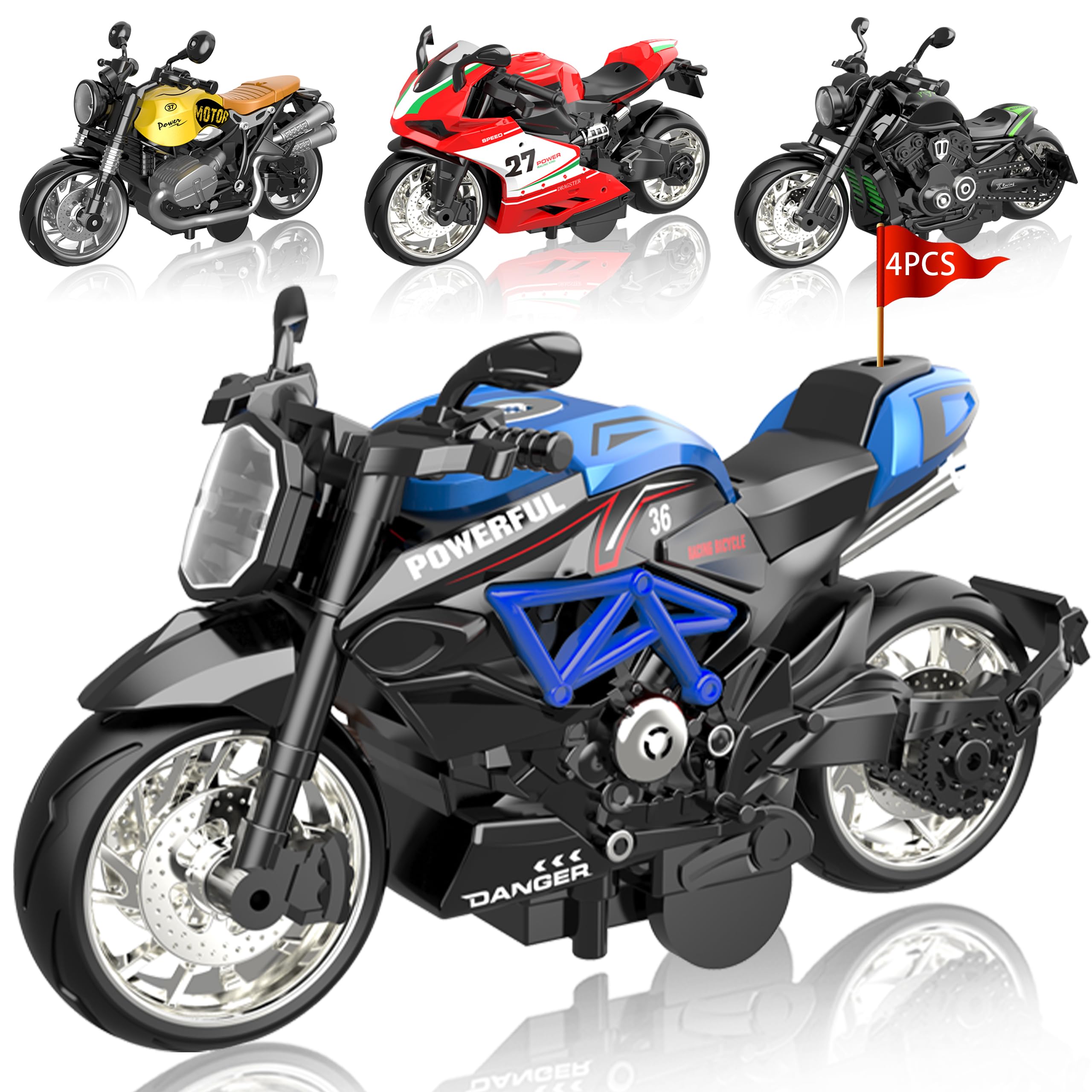 4-Pack Pull-Back Motorcycle Toys - Friction Powered Kids Toy Cars with Lights, Sounds & Automatic Drive for Boys & Girls Aged 3-12