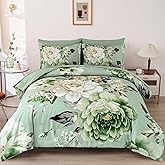 Dintszyayue Sage Green Floral Comforter Set King Size 7 Pieces Elegant Flower Bed in a Bag Soft Lightweight Bed Comforter Set for All Season with Flat Sheet, Fitted Sheet, Pillowcases & Shams