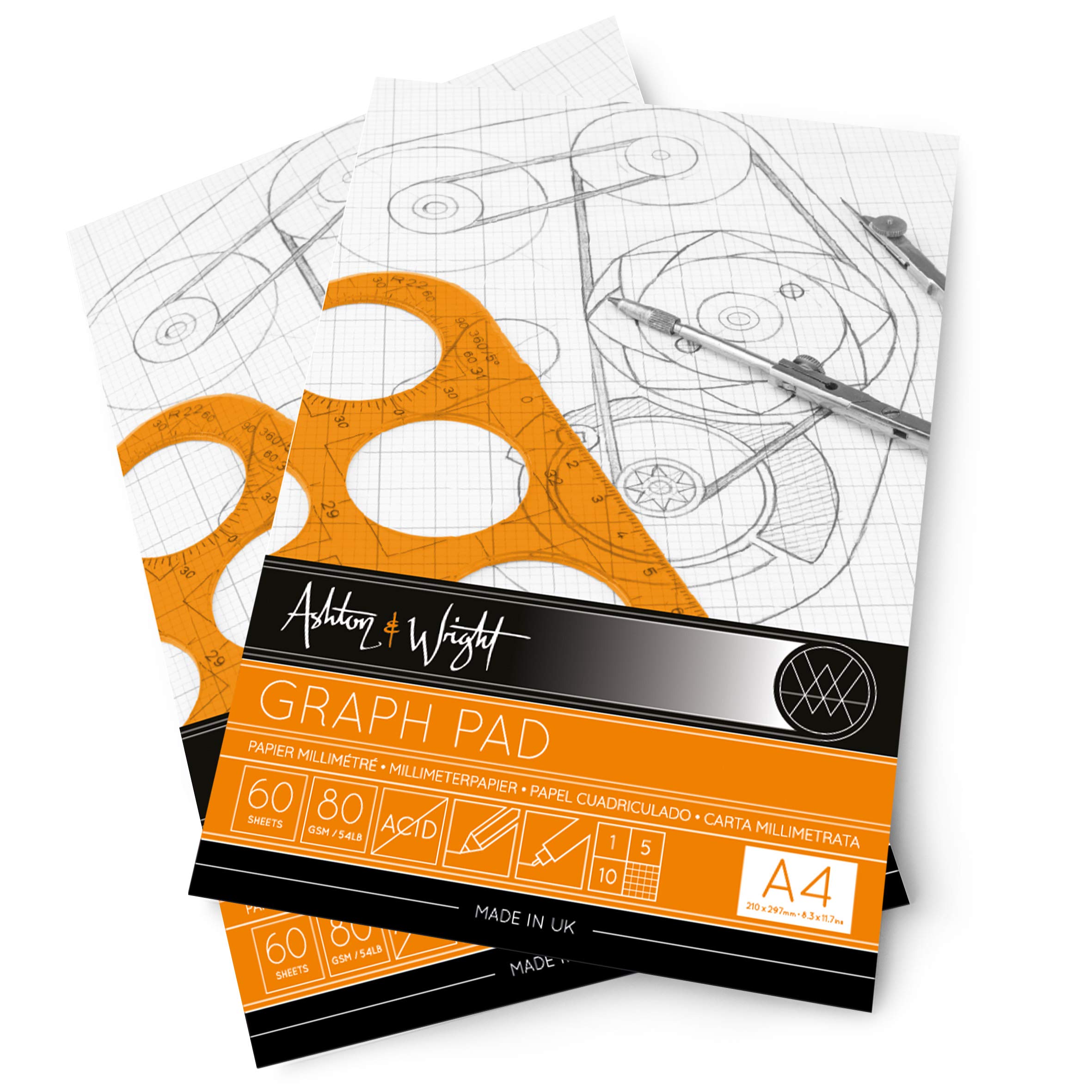 Ashton and Wright - A4 Grey-Grid Graph Pad - 80gsm Paper - 60 Sheets - Pack of 2