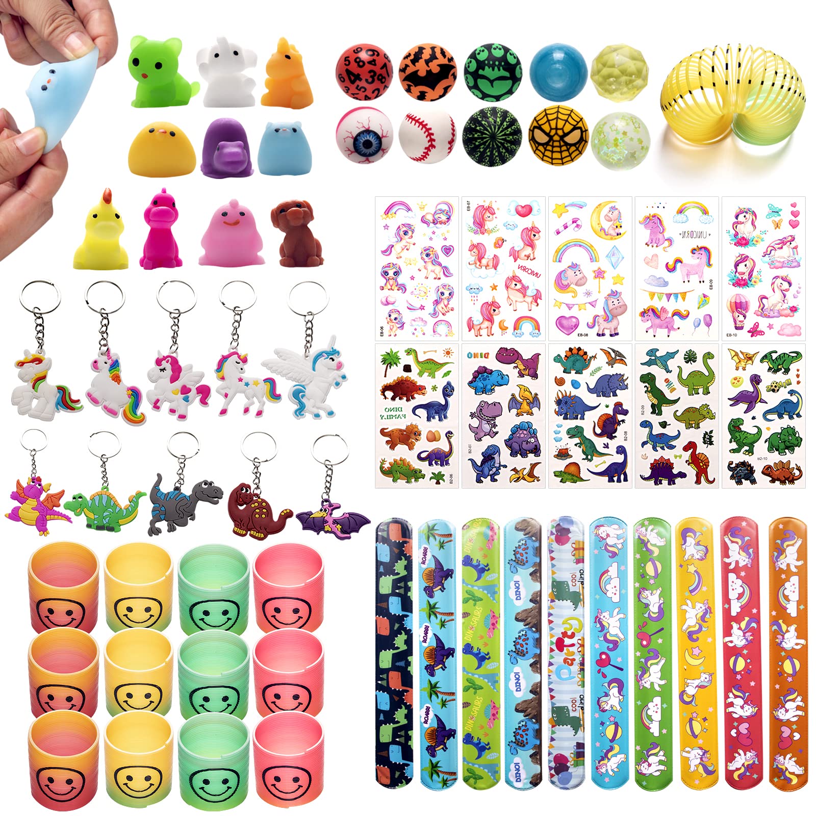 WAORZMK Party Bag Fillers for Kids Unisex with Slinky, Slap Bands, Kids Tattoos, Bouncy Balls, Keychains, Mochi Squishy Toys, Assortment Stocking Fillers Boys Girls Lucky Dip Prizes
