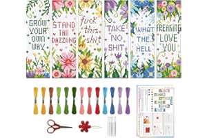 ORIGACH 6 Pcs Cross Stitch Bookmark Kit for Beginner Flowers Sayings DIY Stamped Embroidery Bookmark Kit for Starter Printed Cross Stitch Kits with Instruction for Book Lovers