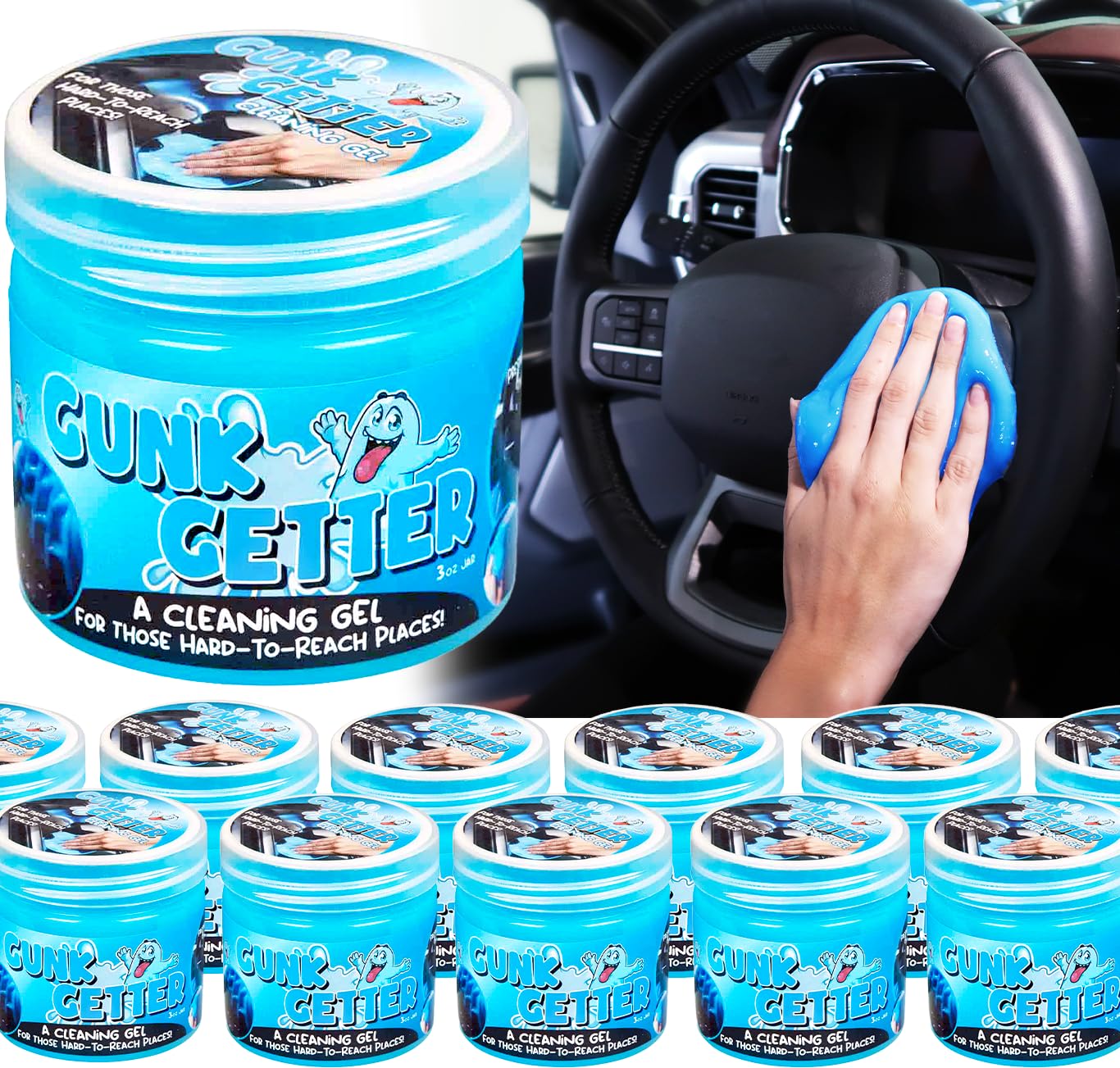 Photo 1 of Gunk Getter 12 Pack Cleaning Gel for Those Hard to Reach Places, Automotive Cup Holder Electronic Keyboard Office, Slime Gel Cleaner Dust Crumb Removal (Jar, Blue, 3.5oz)