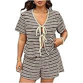 OYOANGLE Women's Plus Size Lounge Set Striped Knit Short Sleeve Tie Front Top and Shorts Vacation Outfits