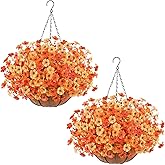 Artificial Flowers Hanging Plants in Basket, Artificial Hanging Flowers for Spring Outdoor Indoor Decor, UV Resistant Hanging Baskets with Fake Flowers for Spring Summer Patio Garden Porch Decor