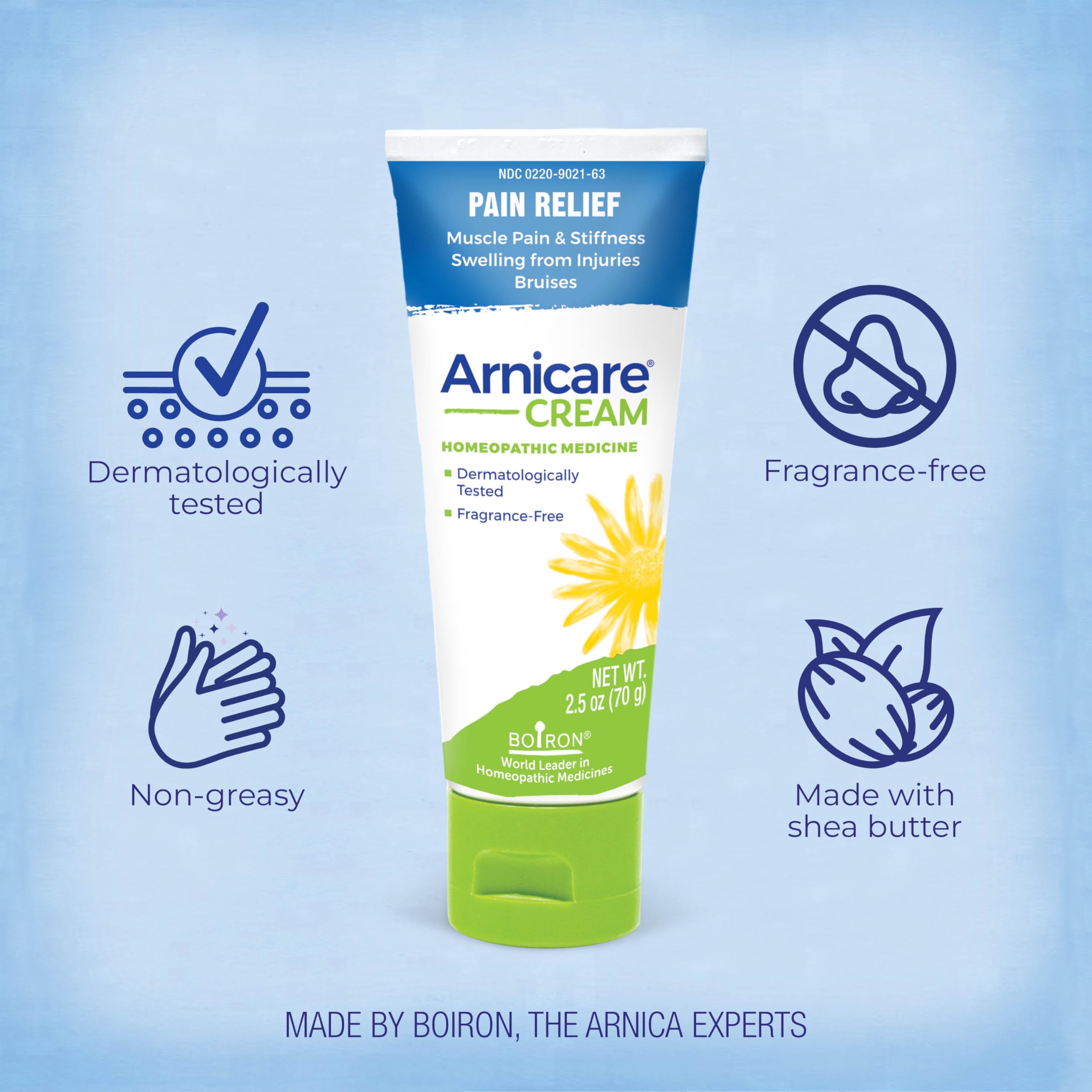 Boiron Arnicare Cream Natural Soothing Relief for Joint Pain, Muscle Pain, Swelling, Soreness, and Stiffness - Fast Absorbing and Fragrance-Free - 2.5 oz