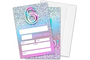 HEZNZXQ 6th Birthday Party Invitations for Girls or Boys, Silver Glitter Theme Birthday Parties Supplies Decorations, Rainbow Balloons Fill-in Invites(20 Invitations and Envelopes)-D02