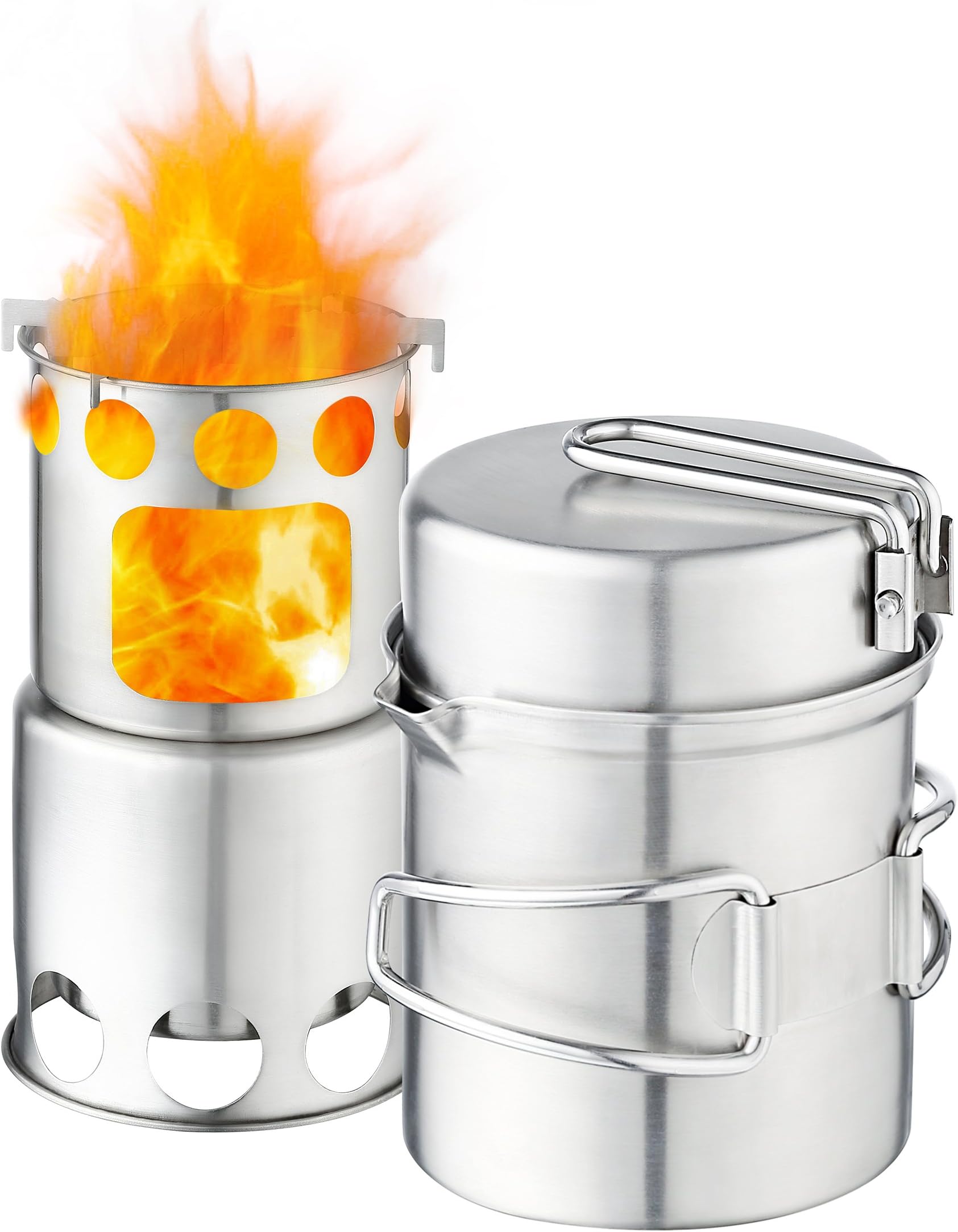 Qunlei 304 Stainless Steel Camping Cookware Set with Wood Stove