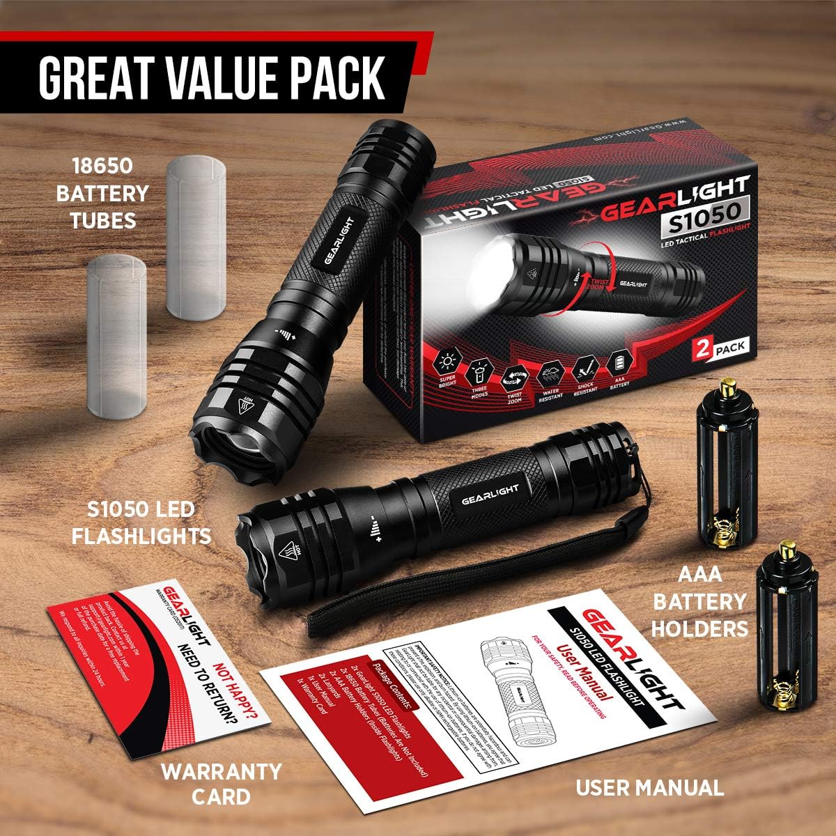 GearLight LED Flashlights S1050 [2 PACK] - Powerful High Lumens Zoomable Tactical Flashlight - Bright Small Flash Light for Camping Accessories, Emergency Gear - - 
