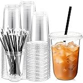 Ziliny 100 Set 16 oz Clear Plastic Cups with Lids and Straws, Disposable Iced Coffee PET Cups for Drinking Cold Beverage Juice Parfait Smoothie Milkshake Coffee Shops Party Supplies