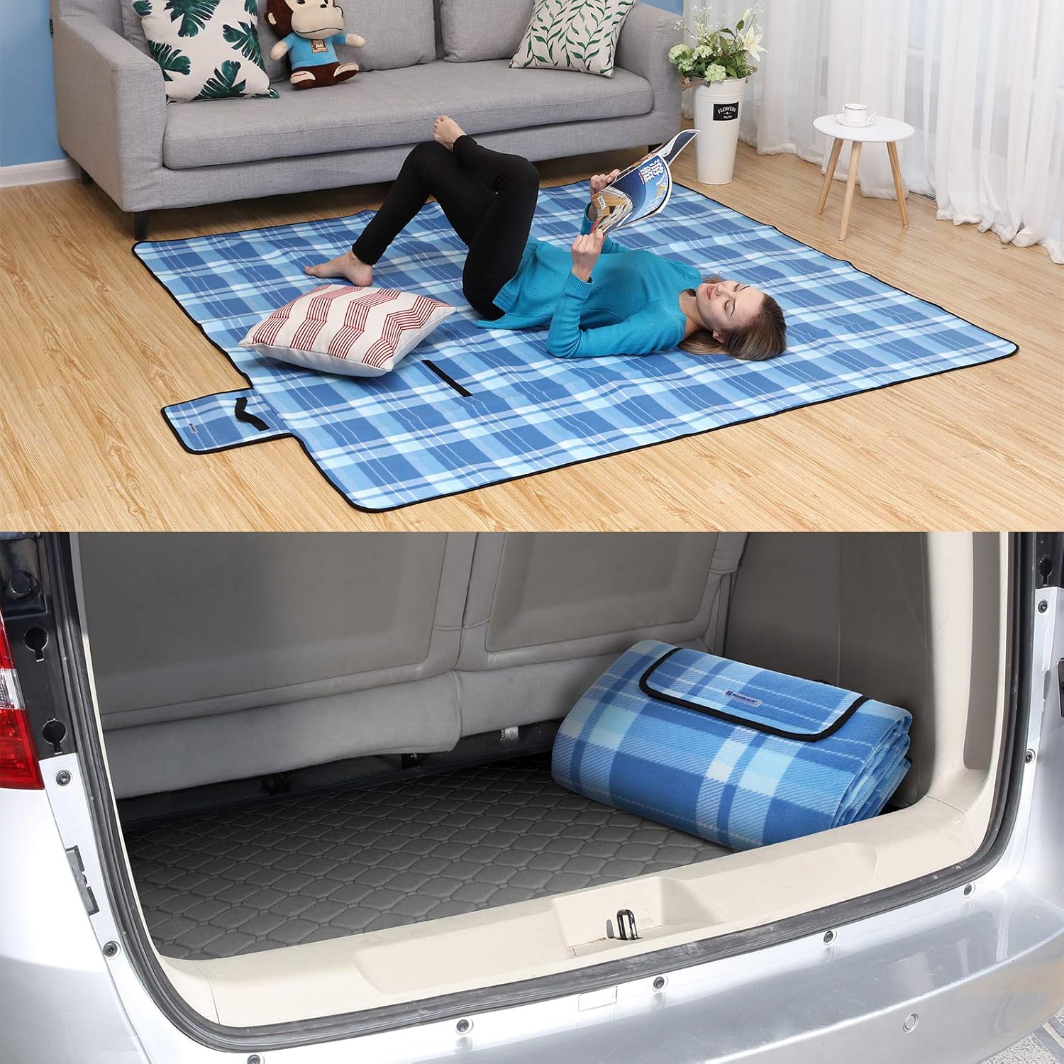 SONGMICS XXL Picnic Blanket Fleece Insulated Waterproof with Carry Handle (Squares Blue Stripes) 200 x 200 cm (GCM71B) - Image 3