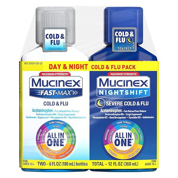 MUCINEX MAXIMUM STRENGTH FAST-MAX COLD & FLU AND NIGHTSHIFT, ALL-IN-ONE MULTI SYMPTOM RELIEF LIQUID, 6 FL OZ – 2 COUNT (PACK OF 1)