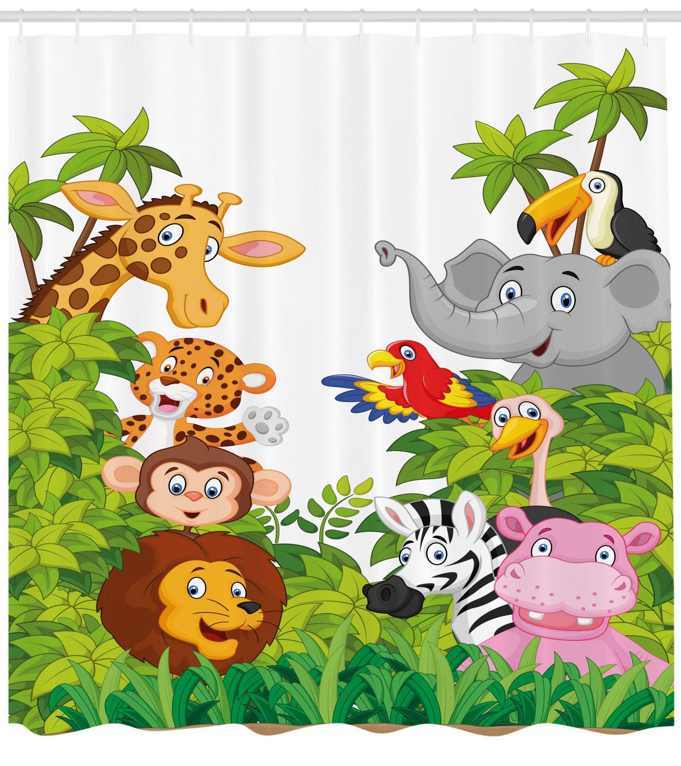 Multicolor Cloth Fabric Bathroom Decor Set With Hooks Cartoon Style Zoo Animals Safari Jungle Mascots Tropical Forest Wildlife Pattern 60 72inch Extra Long Tgyew Nursery Shower Curtain K2solutions In