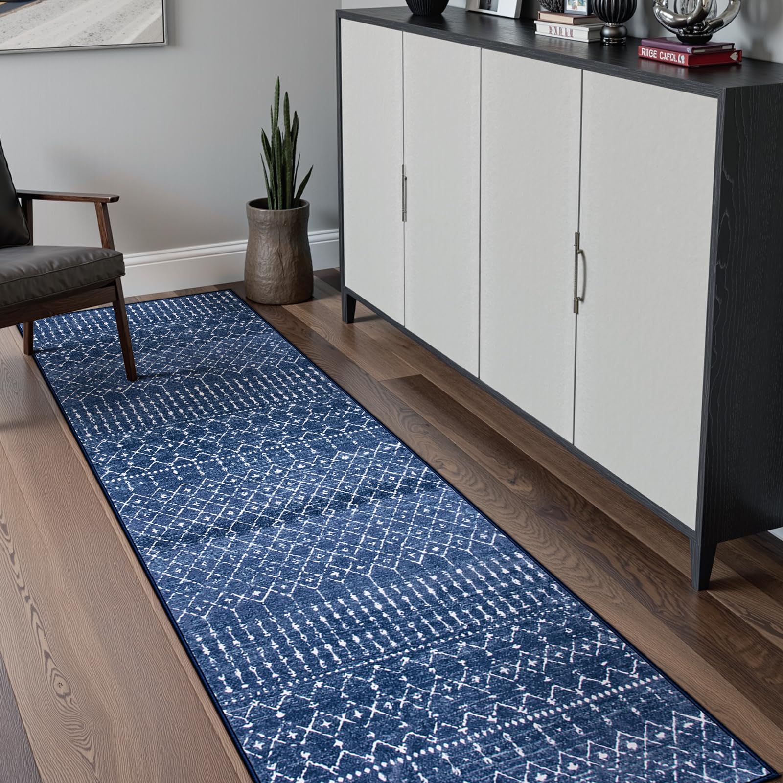Photo 1 of Beeiva Moroccan Runner Rug 2x7, Washable Non Slip Hallway Runners, Geometric Low Pile Ultra Thin Long Carpet Rugs for Kitchen, Laundry, Entryway - Blue