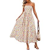 MEROKEETY Women's Summer Floral Maxi Dresses 2026 Strapless Tube Smocked Tie Boho Beach Wedding Guest Flowy Long Sundress