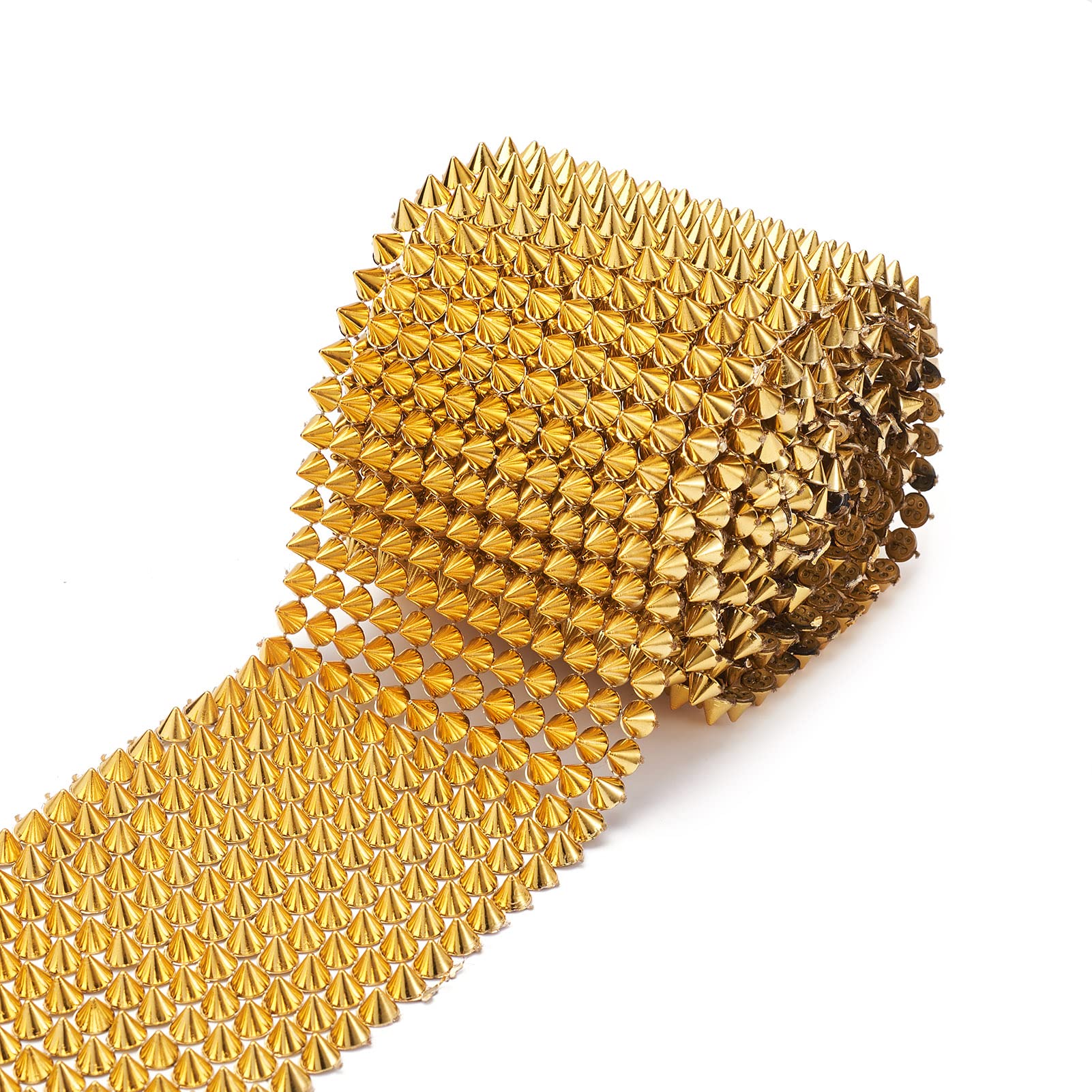 Pandahall 2 Yards Sew Stitch On Spike Golden Stud Cone Flatback Spike Studs Rivets Punk Rock Trim Ribbon Mesh Bead for Clothing Performance Arts and Crafts Decoration