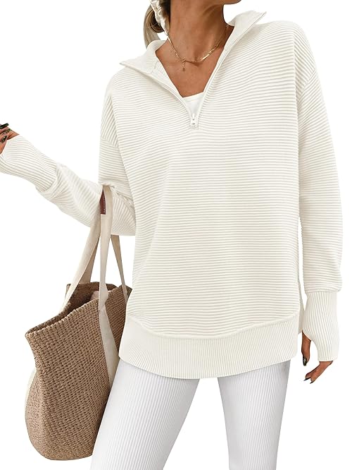 PRETTYGARDEN Womens Long Sleeve Quarter Zip Pullover Sweater Casual Loose V Neck Collared Ribbed Knit Jumper Tops Thumb Hole(White,Medium)