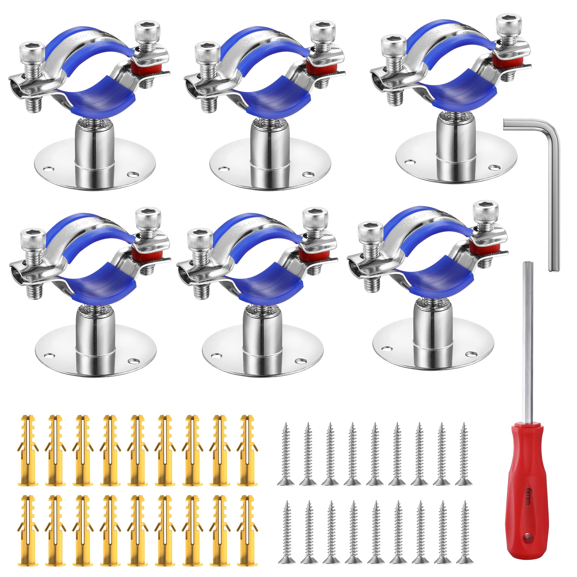 Photo 1 of WYSIWYKA 6PCS 304 Stainless Steel Wall Mount Ceiling Mount Pipe Supports,Suitable for OD Pipe 32-34mm,Adjustable Height 20-40mm,Adjustable Pipe Strap Clamp with Screws