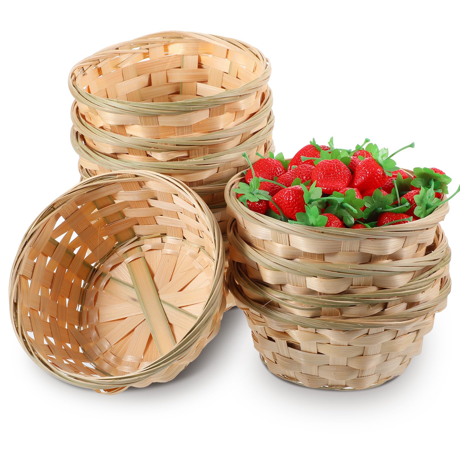 Photo 1 of 12 Pack Round Gift Baskets, 7 Inch Natural Bamboo Bread Fruit Basket, Small Handwoven Bread Basket, Bamboo Woven Baskets for Kitchen Restaurant Display Decor