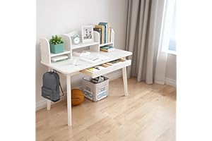 BALANBO Kid's Desk Kid's Table with Drawers and Bookshelf Wooden Kid's Media Desk Student Learning Computer Workstation and Writing Desk (White)…