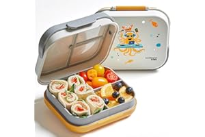 Bentoheaven Premium Bento Lunch Box for Kids, 9 Designs, Leak-proof 3-4 Compartments, Divider, Ideal size 30oz, Microwave/Dishwasher Safe Kids Bento Box (Loncheras Para Niños/Niñas)[Orange Gray]