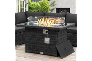 NICESOUL Wicker Propane Fire Pit Table, 60000 BTU Large Natural Gas Firepit Tables, 43'' Rectangle CSA Fireplaces for Deck Backyard, Fire Table with Windguard&Glass Rocks&Cover, Gray