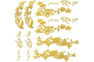 DANUDON 10 PCS Gold Flower Lace Appliques, Embroidery Patch Applique Embellishments Blossom Fabric Flower Gold Lace Applique Leaf Embroidered Appliques for Crafting Wedding Prom Dress Clothes