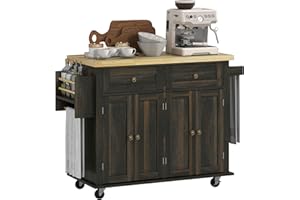 HOMCOM Kitchen Island Cart with Rubber Wood Top, Rolling Kitchen Island Table on Wheels with Drawers, Adjustable Shelves, Spice Rack and Towel Rack for Dining Room, Brown Oak