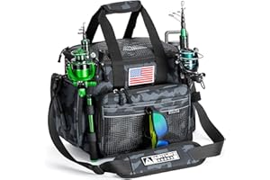Ghosthorn Fishing Tackle Bag with Rod Holder Saltwater & Freshwater Resistant Tackle Box Bag - Adjustable Padded Shoulder Strap (Black Camouflage)
