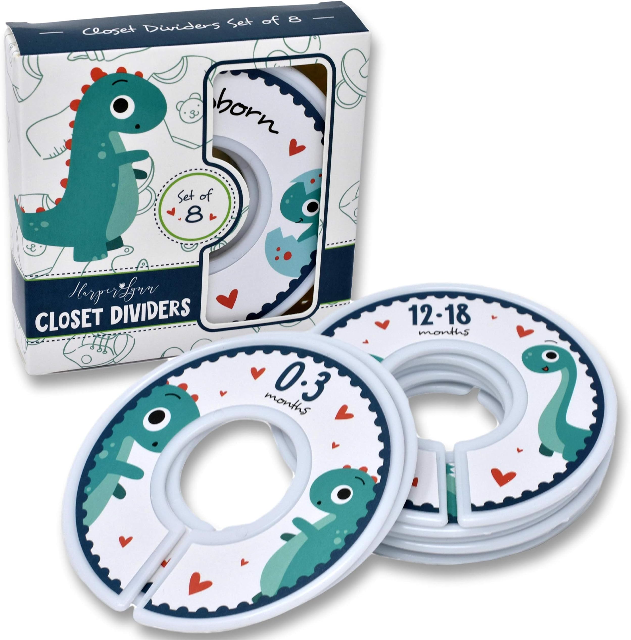 HarperLynn Baby Closet Dividers - Set of 8 Dinosaur Nursery Clothes Organizers - Size Newborn Infant to 2T. Great Gifts Accessories for First Time Parents of Boy or Girl. Fits 1.25 Inch Rod.